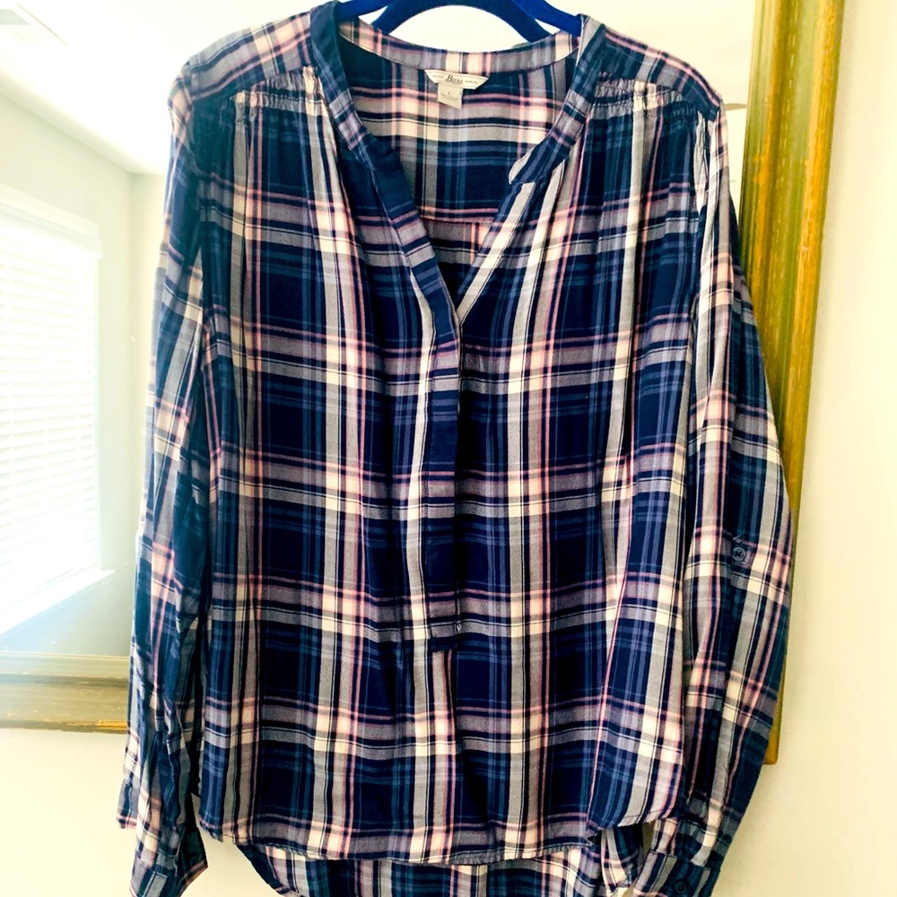 Bass button down blue plaid flannel from, light material, size large